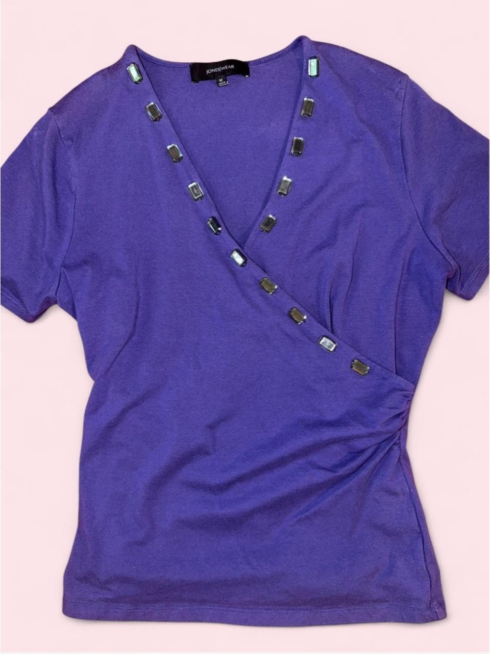 Jones Wear Purple Short-Sleeve Faux Wrap Top with Rectangular Gems